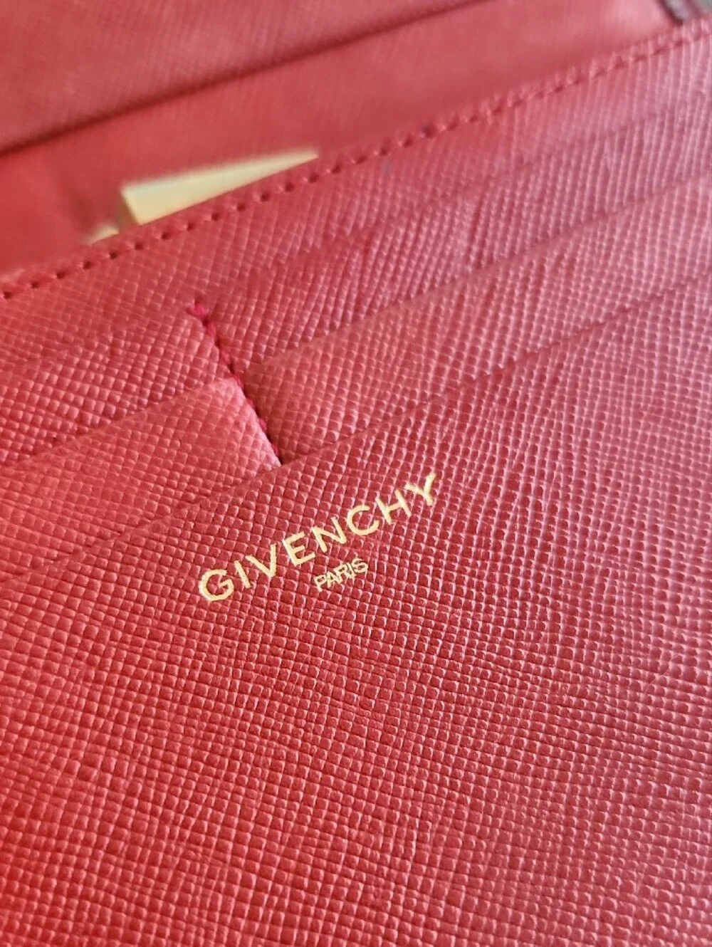 Givenchy Red Textured Leather Long Wallet with Gold Corner Accents